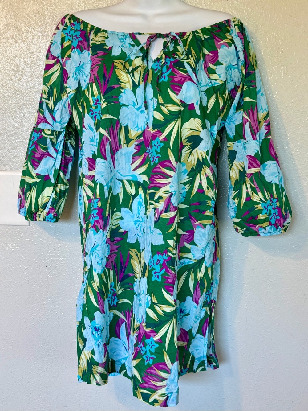 Ellen Weaver Tropical Floral 100% Cotton Resort Wear Swim Cover-Up Dress Sz L